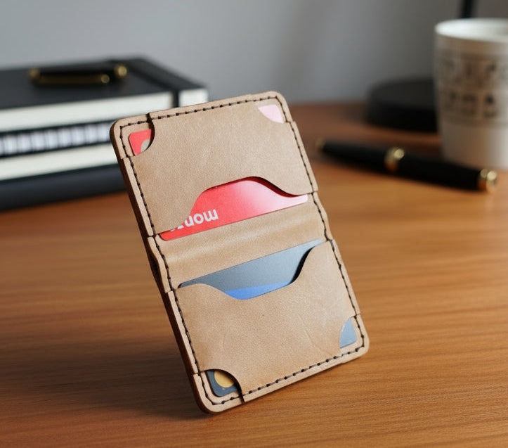 Handmade four pocket folding wallet in Cognac italian leather