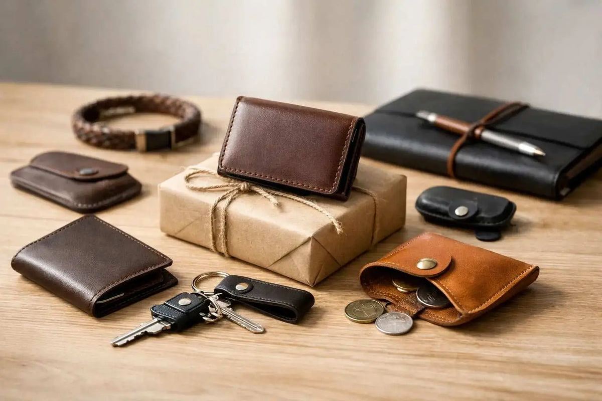 assorted small leather gifts under 25 pounds including keyrings, card holders, and coin pouches displayed on a wooden surface