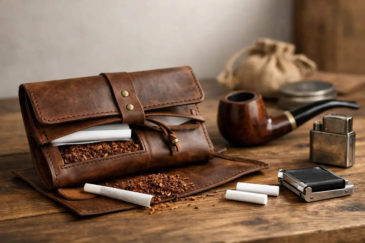 handmade leather tobacco pouch UK with stitched details and secure closure