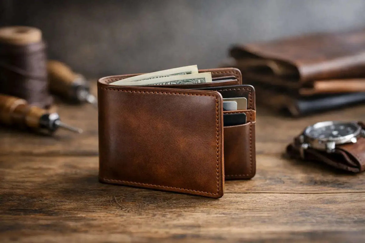 Handcrafted direct from maker leather wallet showing quality stitching and full-grain texture