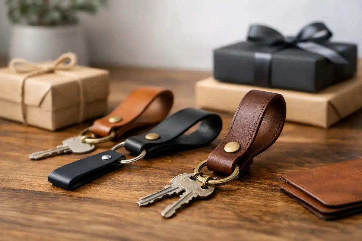 close-up of a high-quality leather keyring gift with sturdy metal ring and smooth stitching