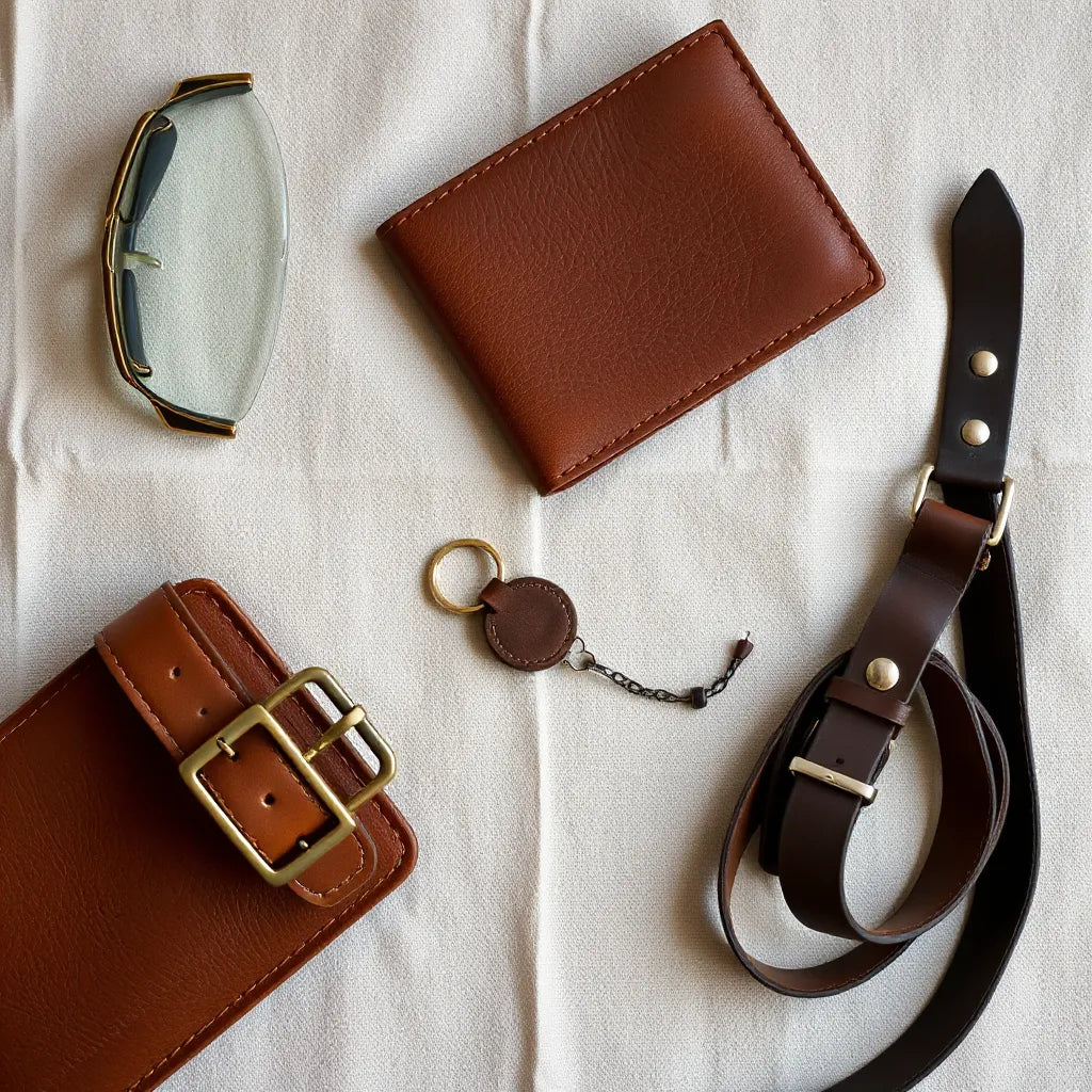 Full-grain leather wallet, belt, key fob, and strap arranged on neutral fabric with visible rich grain texture