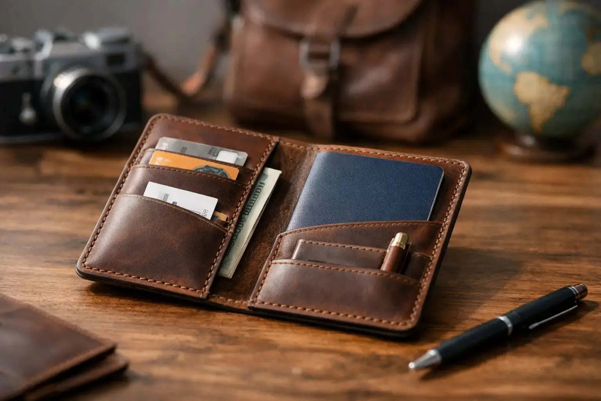 Handmade leather passport holder showing natural grain and sturdy stitching for durable travel protection