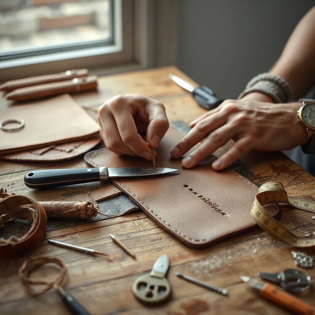 Hands stitching a small piece of leather on a wooden workbench with tools and waxed thread nearby