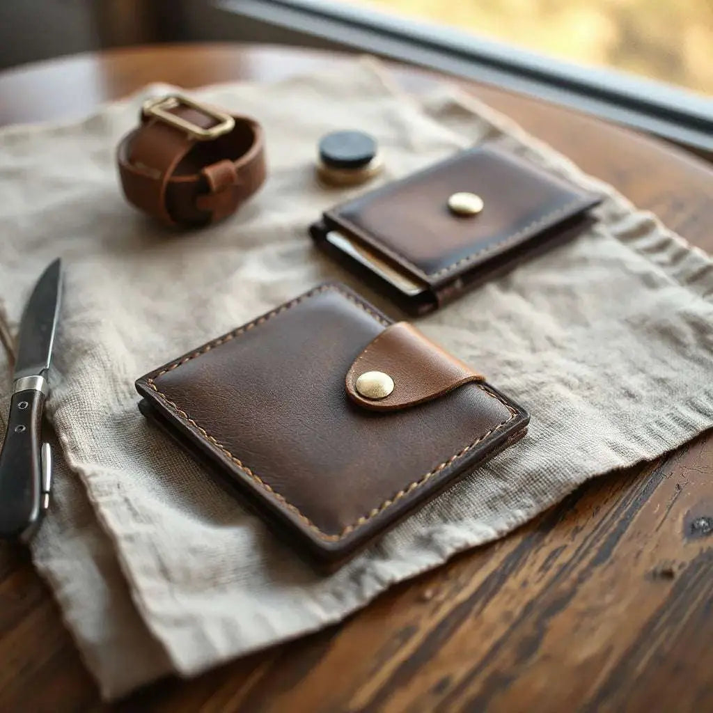 Diagram of handmade leather wallet layout with stitch lines and pocket silhouettes