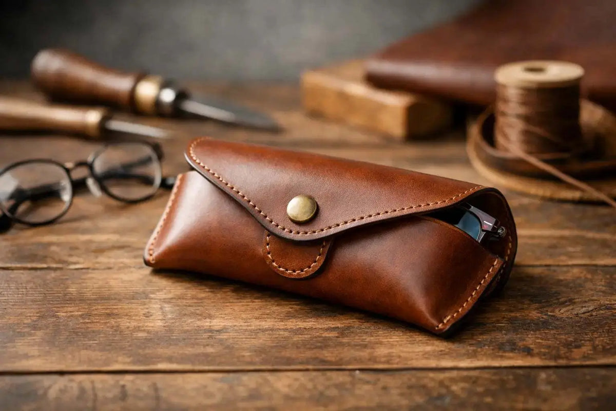 handmade full-grain leather glasses case with detailed stitching and hand-burnished edges