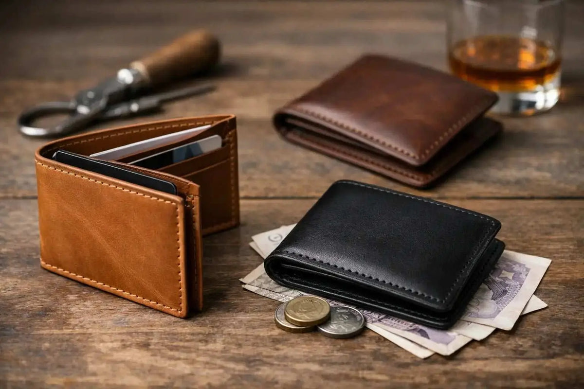 handmade leather wallet UK full-grain leather slim bifold design with neat stitching and smooth edges