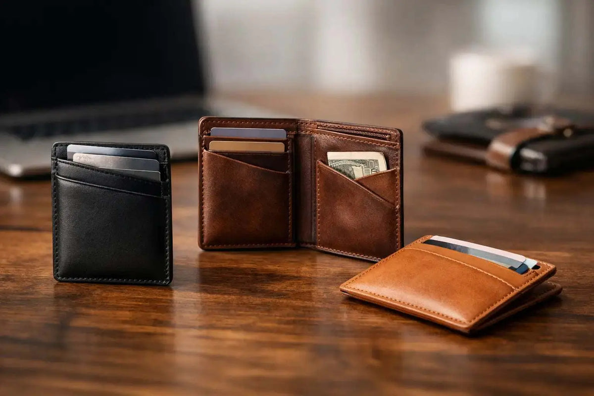 Close-up of a handcrafted full-grain leather card holder showcasing durable stitching and natural patina development