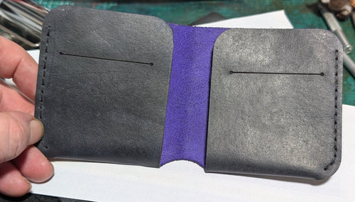 Alt Tag: Compact Bi-Fold Wallet handmade in Black open view showing slim leather interior card slots and bi-fold design