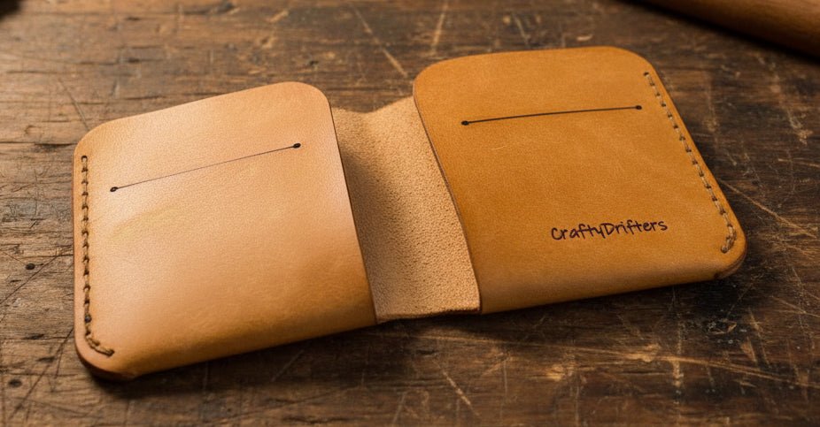 Compact Bi-Fold Wallet single piece of Maya leather in cognac open view showing card slots and stitching