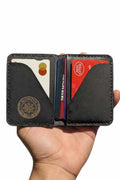 Devonport black full-grain leather bi-fold wallet with four card pockets