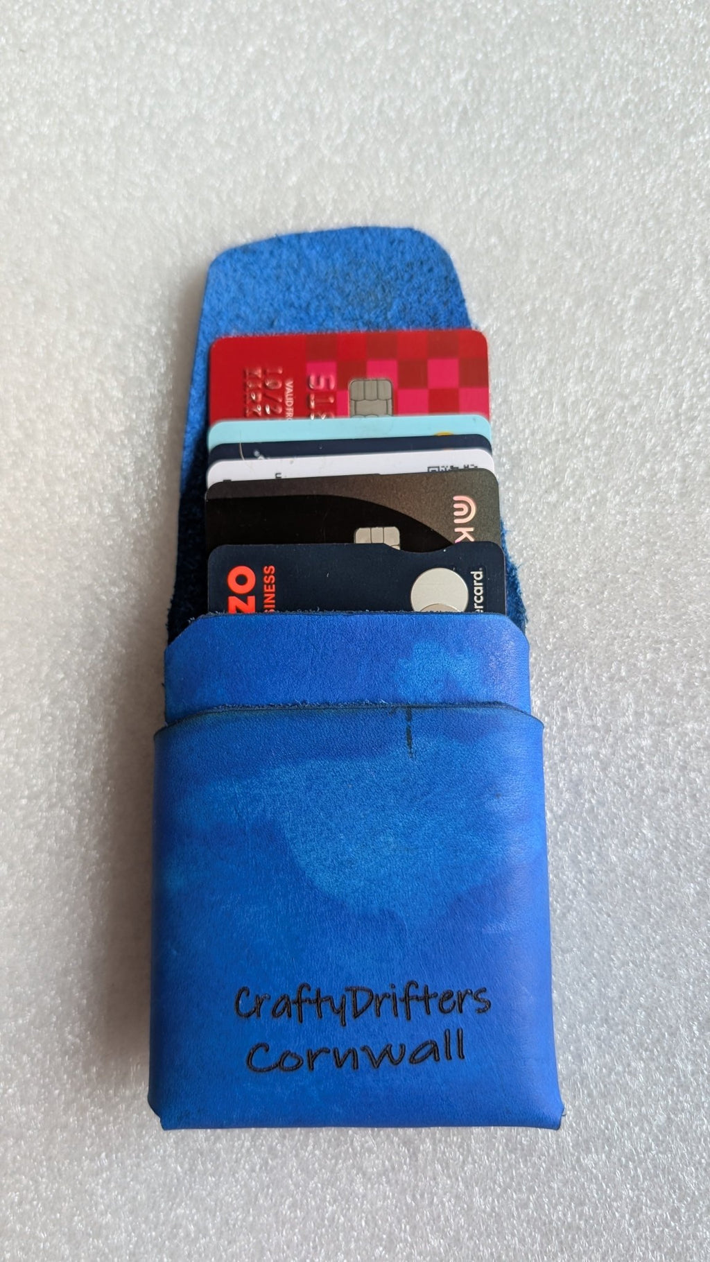 Drifters Wide Boy Stitch Free hand dyed leather wallet. Blue - CraftyDrifters Cornwall