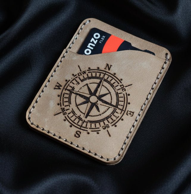 Handmade Italian leather card holder with compass graphics - CraftyDrifters Cornwall