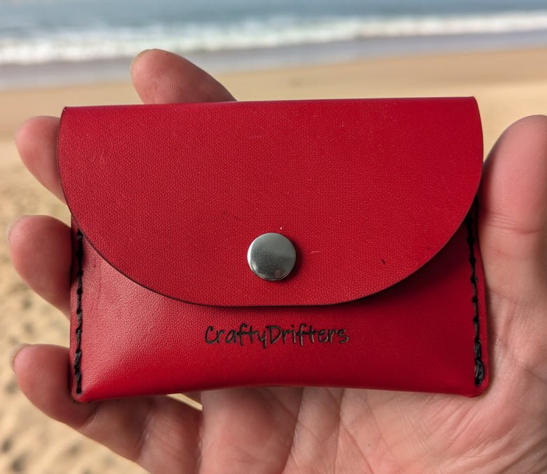 Alt Tag: Handmade leather card - cash wallet red full-grain press-stud coin wallet holding up to 5 cards, handcrafted leather pouch