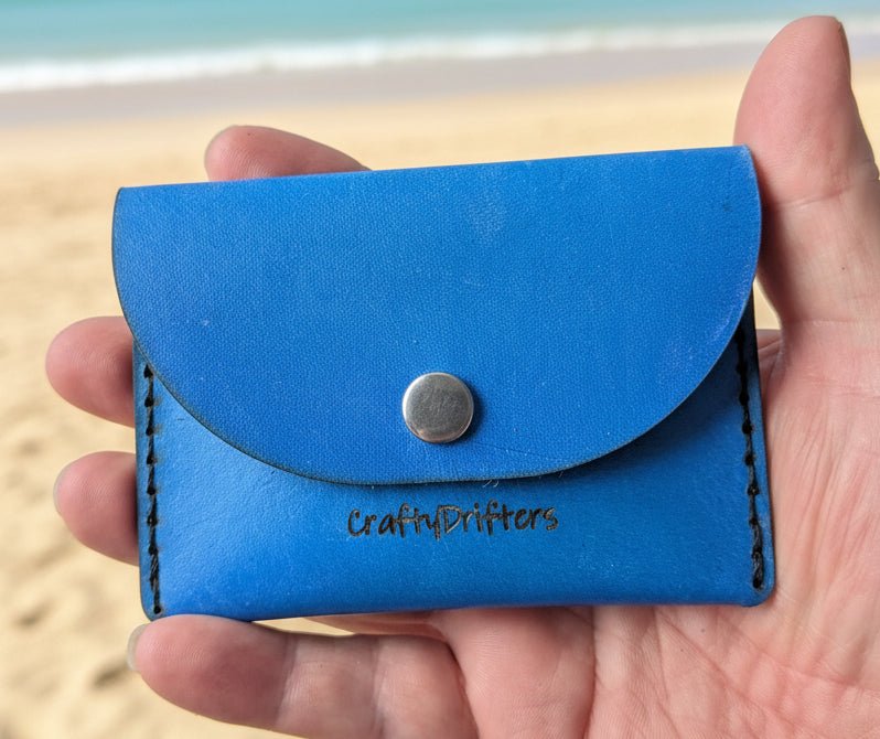 Alt Tag: Handmade leather card - cash wallet blue full-grain leather coin wallet with press-stud flap, holds up to 5 cards