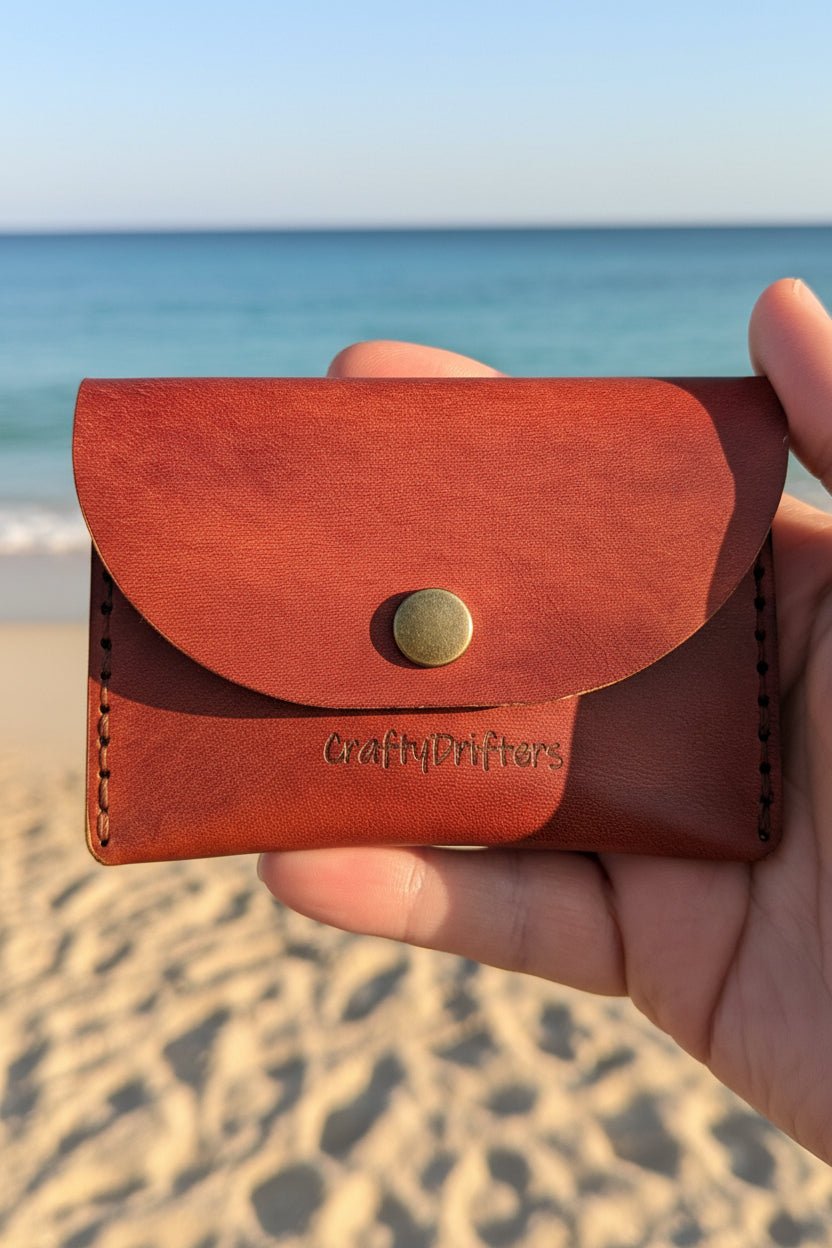 Alt Tag: Handmade leather card - cash wallet, hand-dyed full-grain leather press-stud coin wallet holding up to 5 cards, beach backdrop