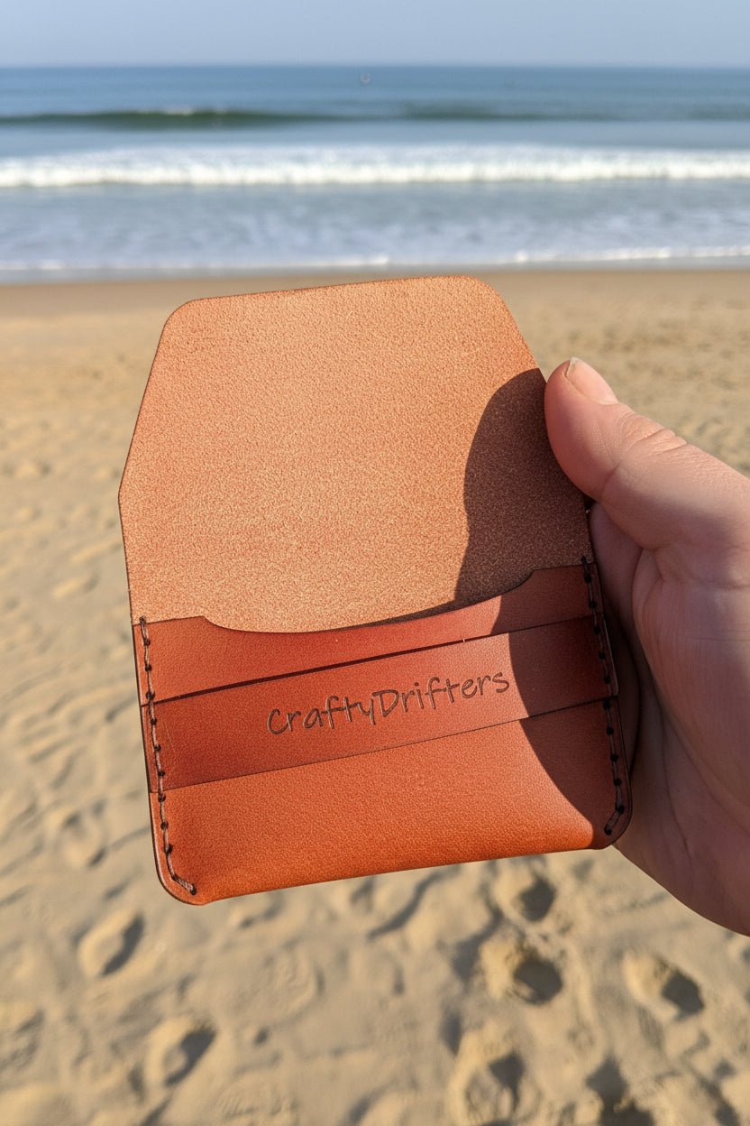 Leather Card Wallet with Flap Closure - CraftyDrifters Cornwall