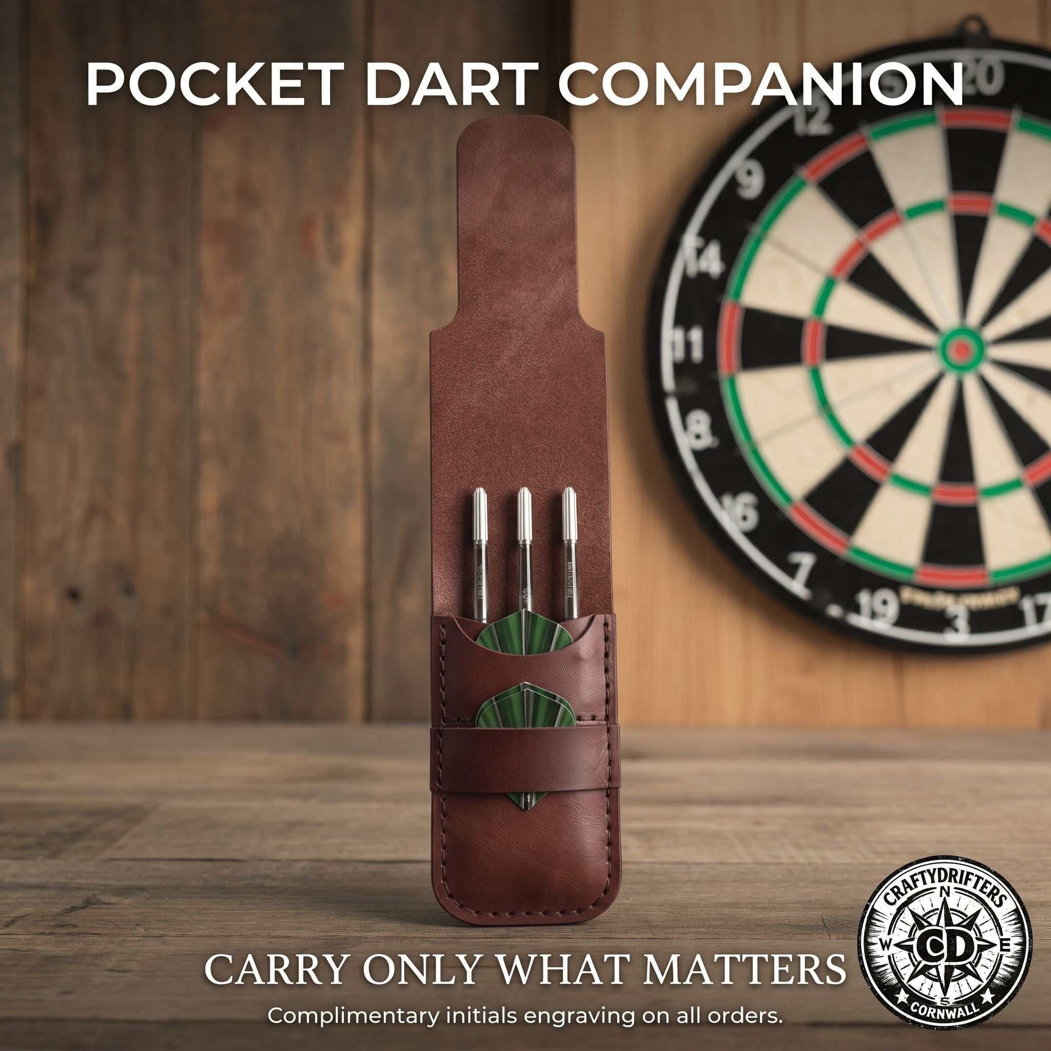 Custom handmade brown leather darts case with fitted belt loop for secure dart storage and stylish portability