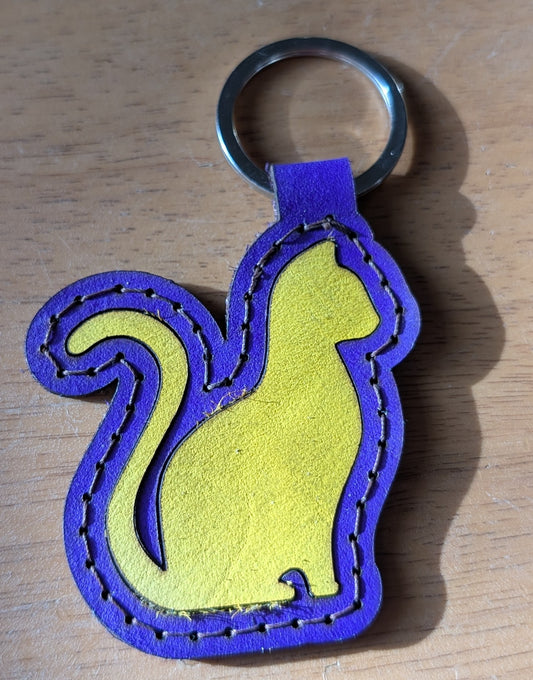 Leather Cat Keyring. Purple and Yellow