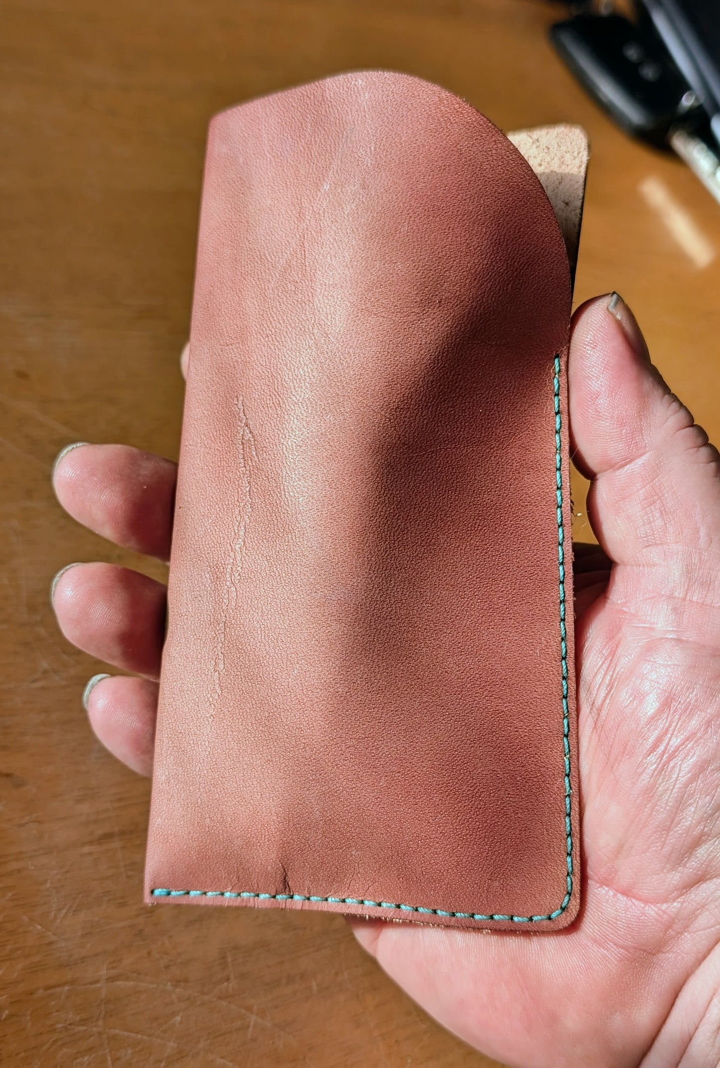 Glasses Sleeve in Light Brown Leather with Teal Thread