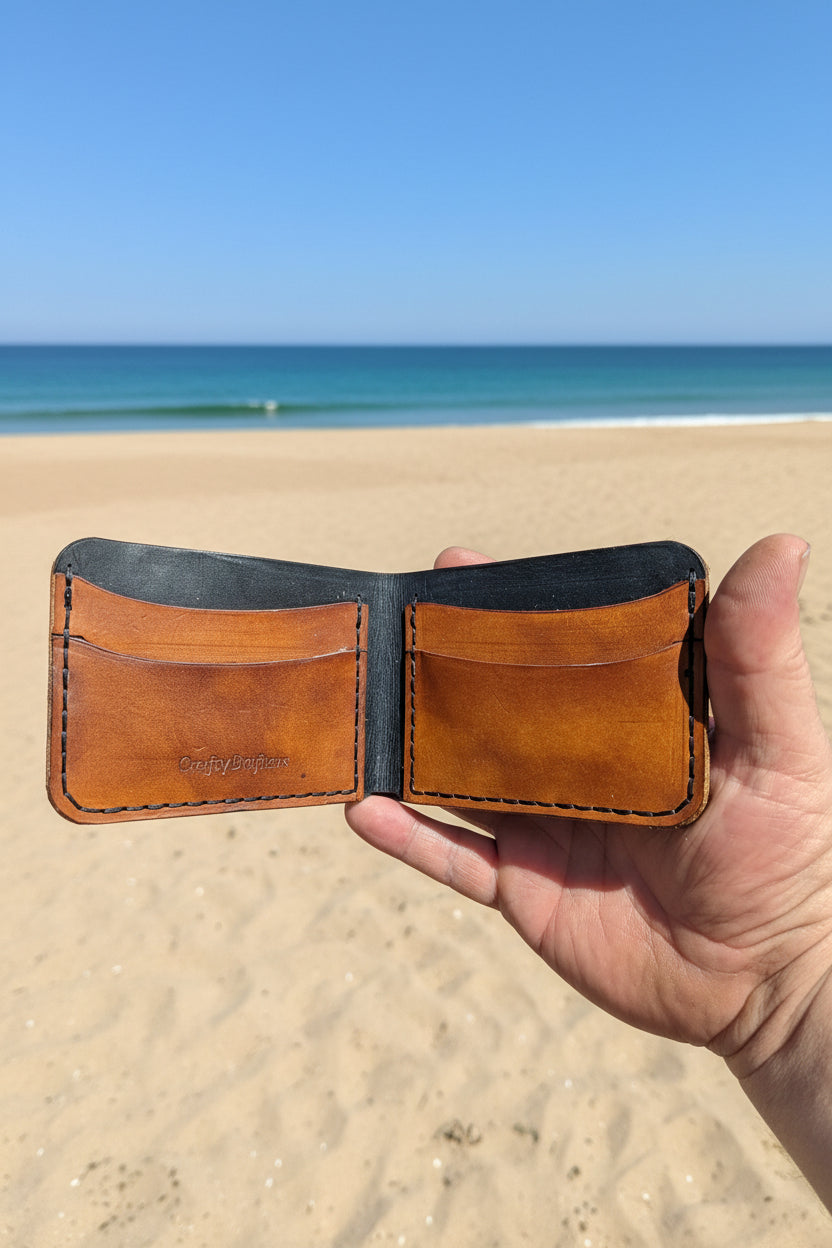 The Gribbon four-pocket bi-fold wallet made of hand-dyed full grain leather with hand-stitched detail