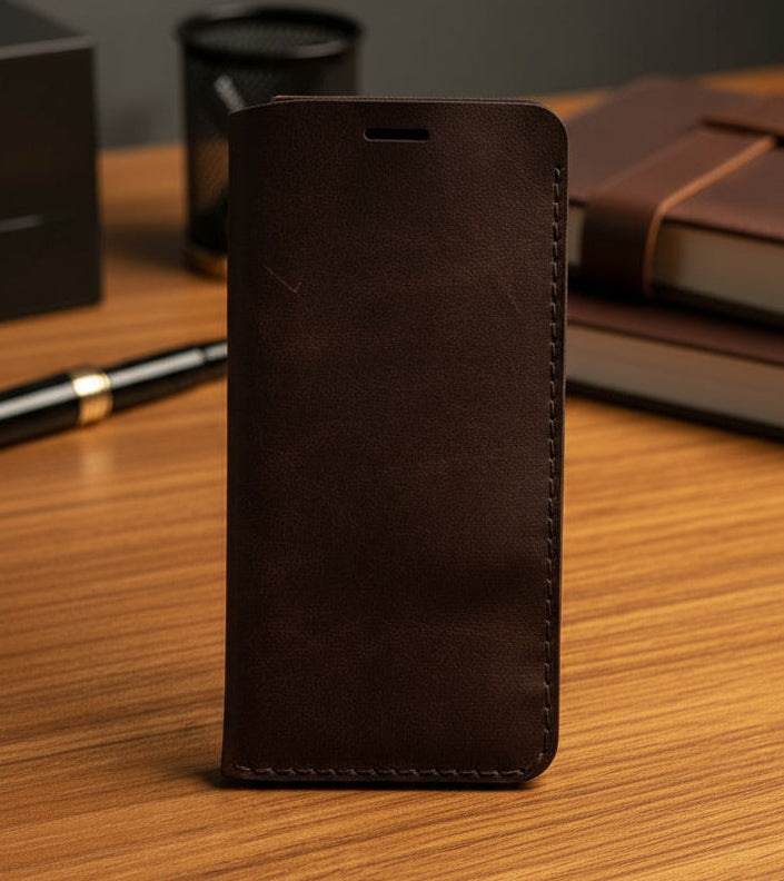 Hand sewn waxed leather glasses case displayed on a wooden desk with stationery.