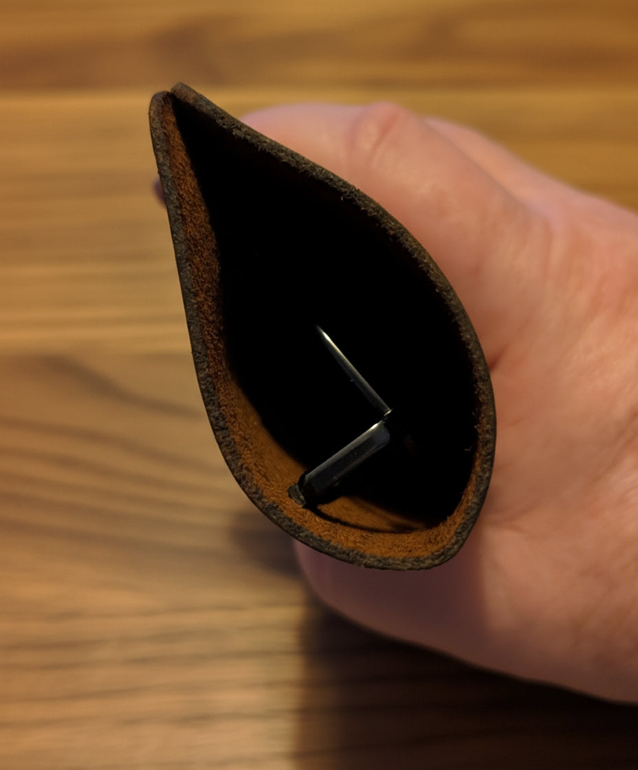 Inside view of the Hand sewn waxed leather glasses case, showcasing its quality craftsmanship and design.