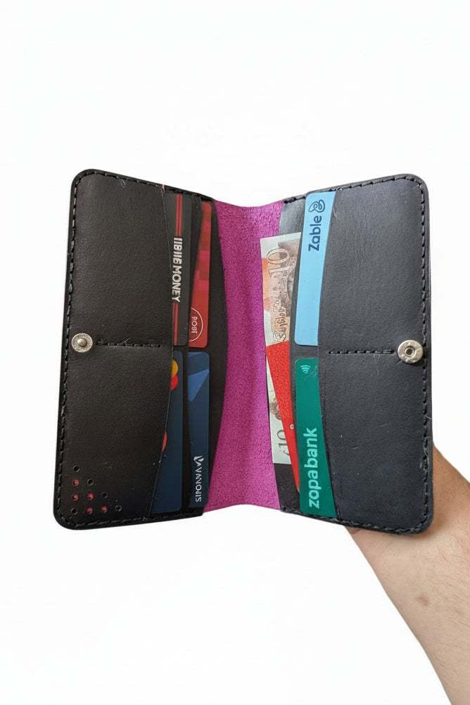 Full-grain leather Fowey long wallet with multiple card slots and large cash compartment