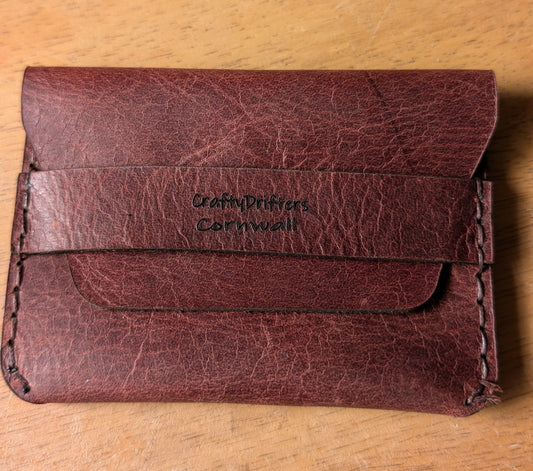 Minimalist leather Card Holder with tuck flap in Red Pull Up Leather