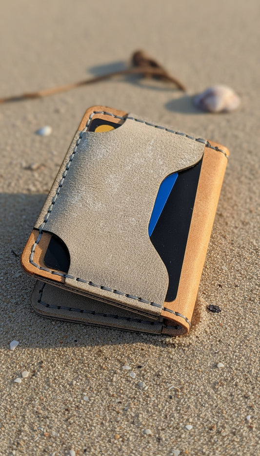 Handmade four pocket Italian leather folding wallet.  Cognac and Stone