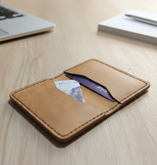 Handmade four pocket folding wallet in Cognac italian leather