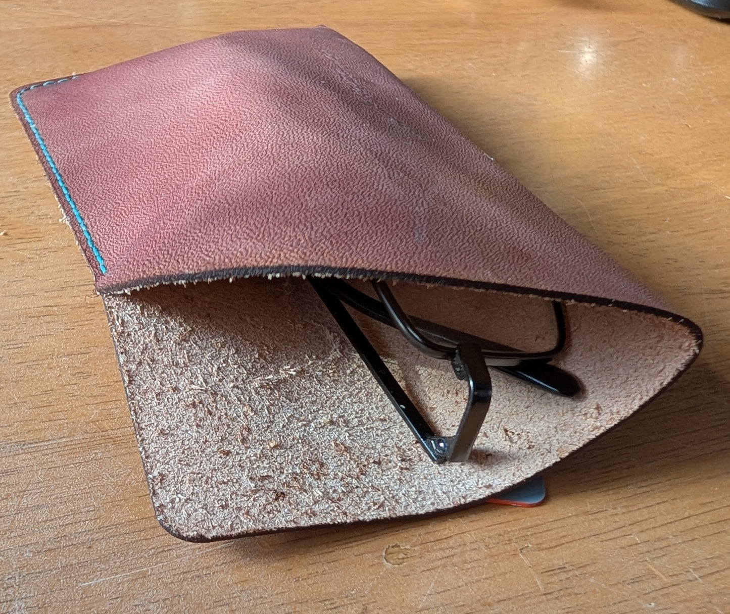 Glasses Sleeve in Light Brown Leather with Teal Thread