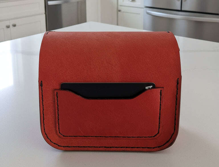 Card Purse Bag with large pocket and card slip - stylish orange leather bag with card pocket.