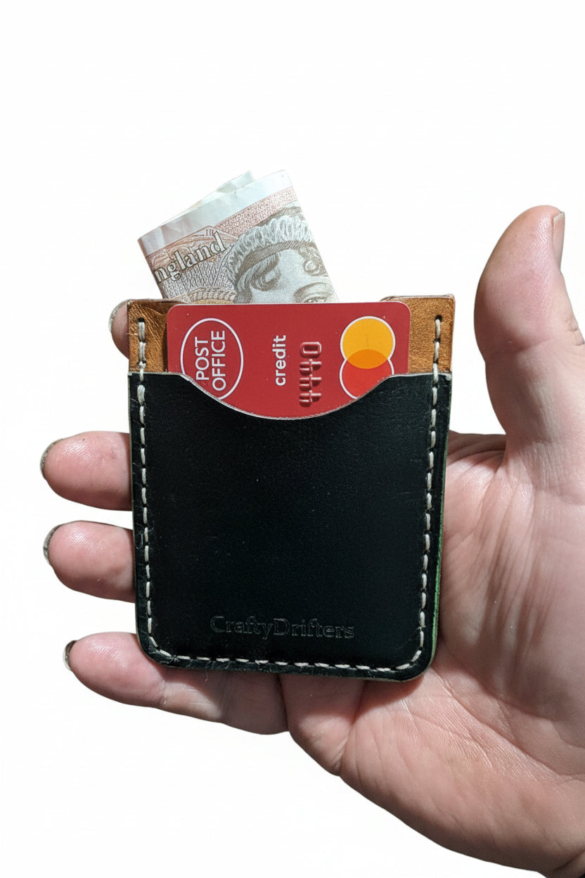 Small leather card wallet with three pockets made of full-grain leather, compact and handmade in Cornwall