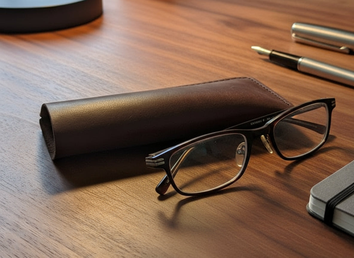 Hand sewn waxed leather glasses case placed beside stylish eyeglasses on a wooden surface.
