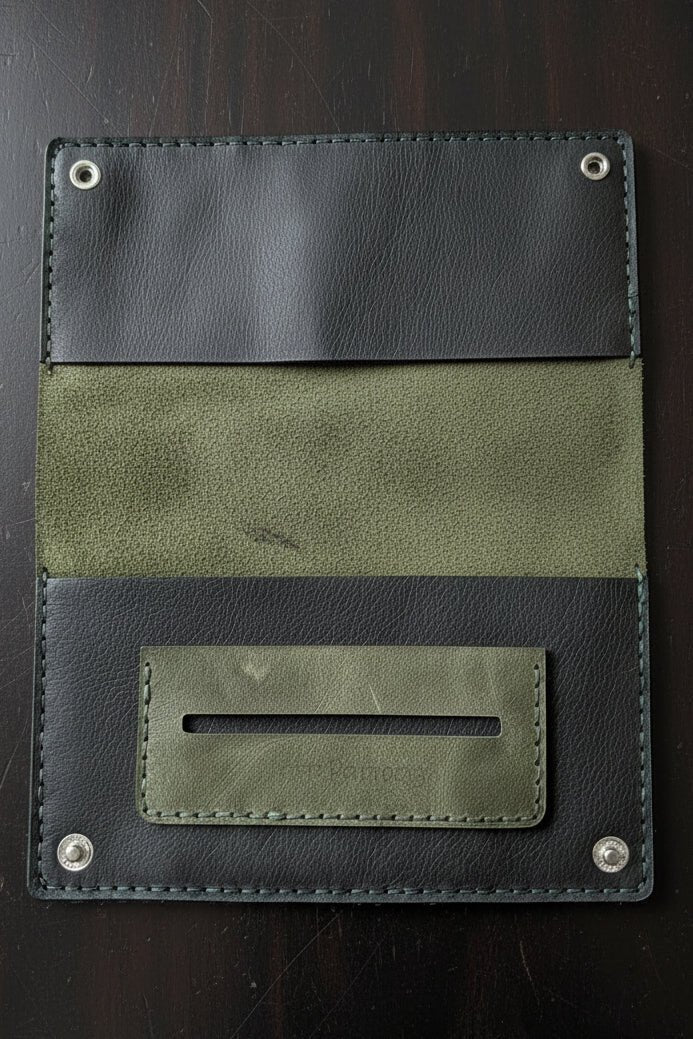 Tobacco Pouch Premium wax leather. Black and Green - CraftyDrifters Cornwall