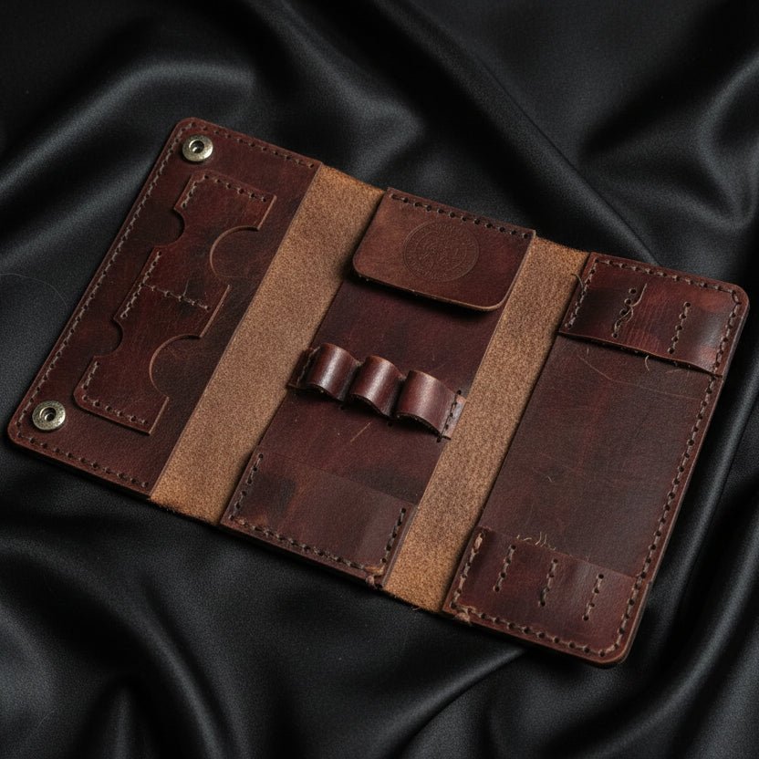 Tri - Fold Premium Hand Dyed Leather Darts Case - CraftyDrifters Cornwall