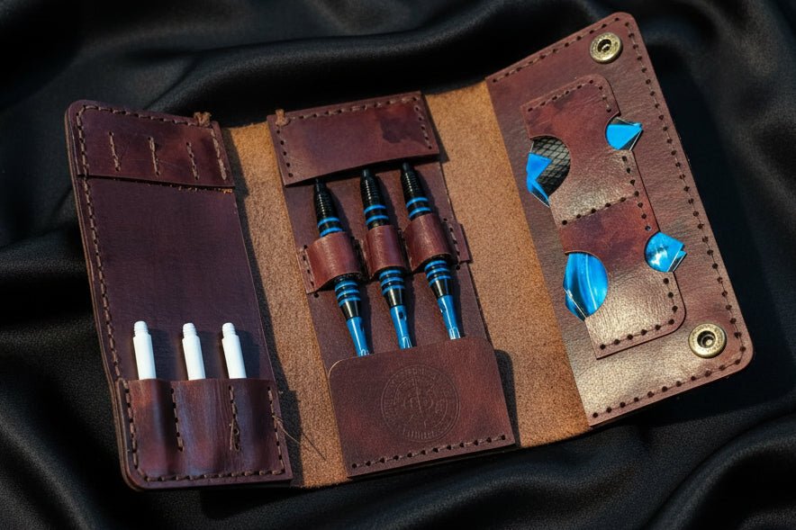 Tri - Fold Premium Hand Dyed Leather Darts Case - CraftyDrifters Cornwall