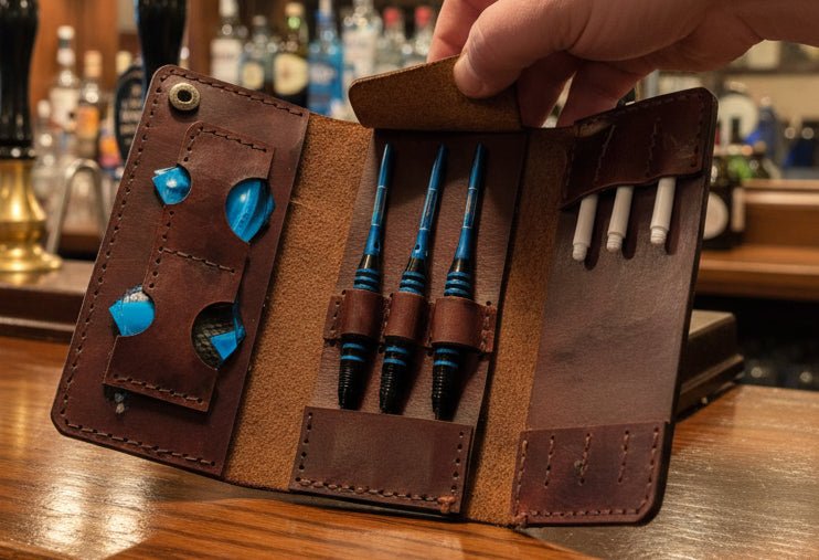 Tri - Fold Premium Hand Dyed Leather Darts Case - CraftyDrifters Cornwall